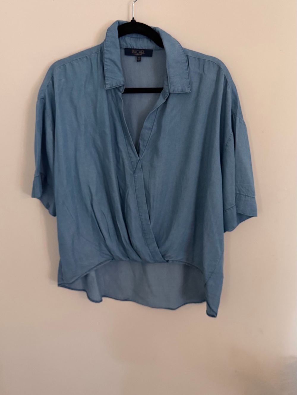 Rachel Light Blue Draped Button-Front Blouse